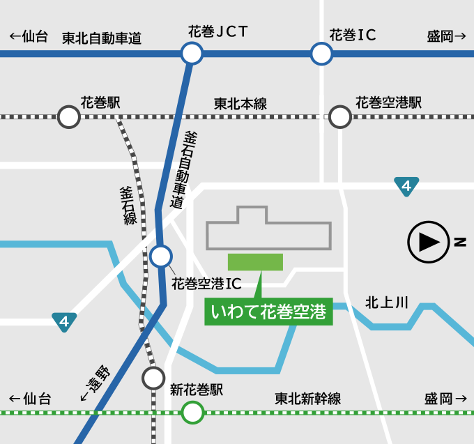 いわて花巻空港周辺のマップ。マップ右側が北の方角。